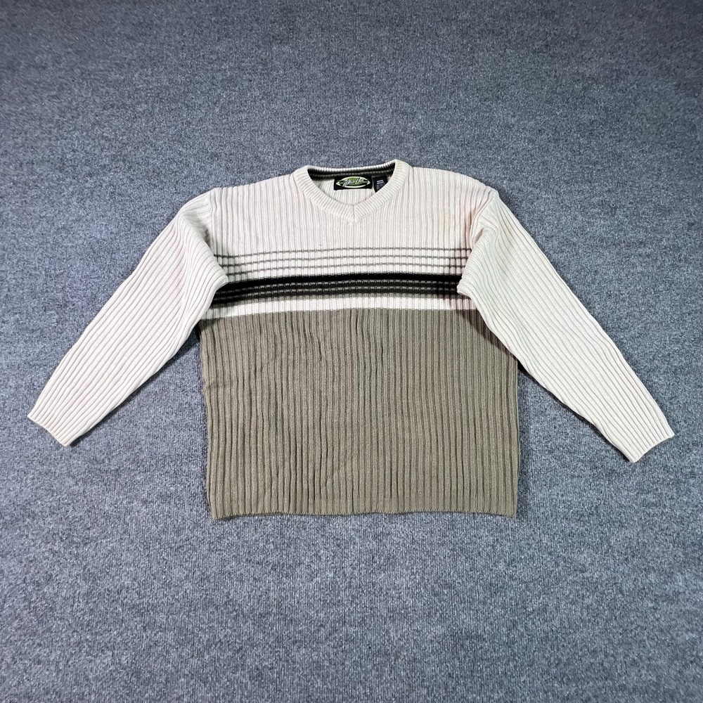 White Out Sweater Womens Medium White Tan Chunky Knit V-Neck Pullover Academia